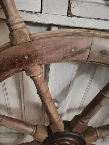 Brass Ship Boat Vintage Nautical 36" Steering Wheel Old Weathered Wooden Ship - Picture 4 of 5
