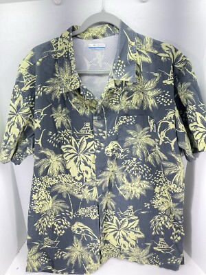 Columbia PFG Shirt Men Large Gray Yellow Floral Marlin Tuna Short Sleeve Vented