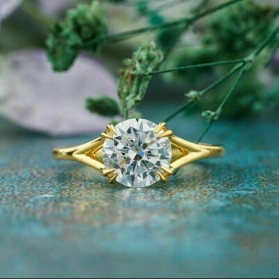 2.00 CTW Round Cut D Moissanite Solitaire Engagement Ring 14k Yellow Gold Plated