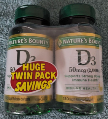 NEW! 2-Pack Nature's Bounty Vitamin D3, 50mcg, 150 softgels/bottle, Exp. 2/2027 