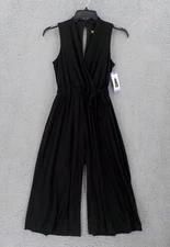 Sandra Darren Crop Jumpsuit Womens SZ XS Black Elastic Waist Pockets Keyhole NWT