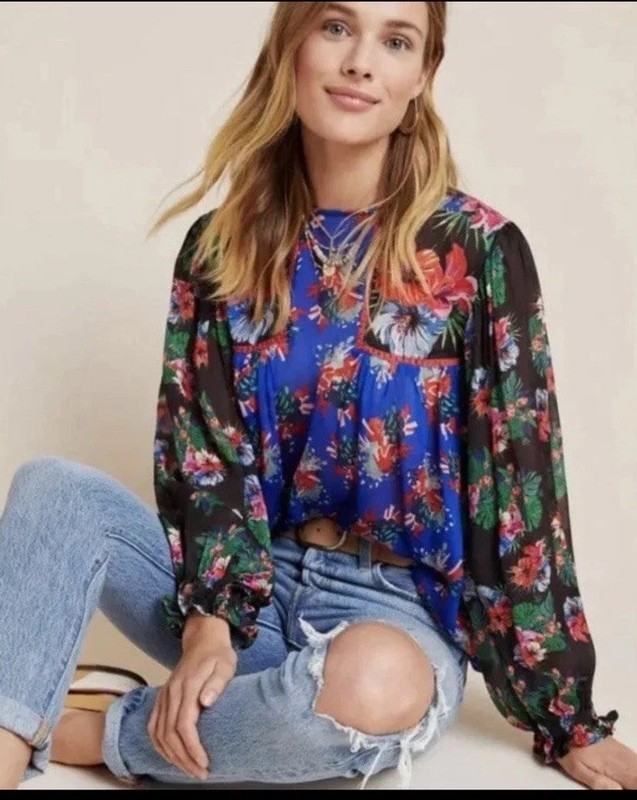 Bl^nk London Anthropologie Miranda PEASANT Sm Blue Black Floral Blouse