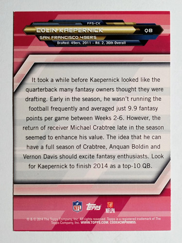 2014 Topps Fantasy Strategies #FFSCK Colin Kaepernick - Picture 2 of 2