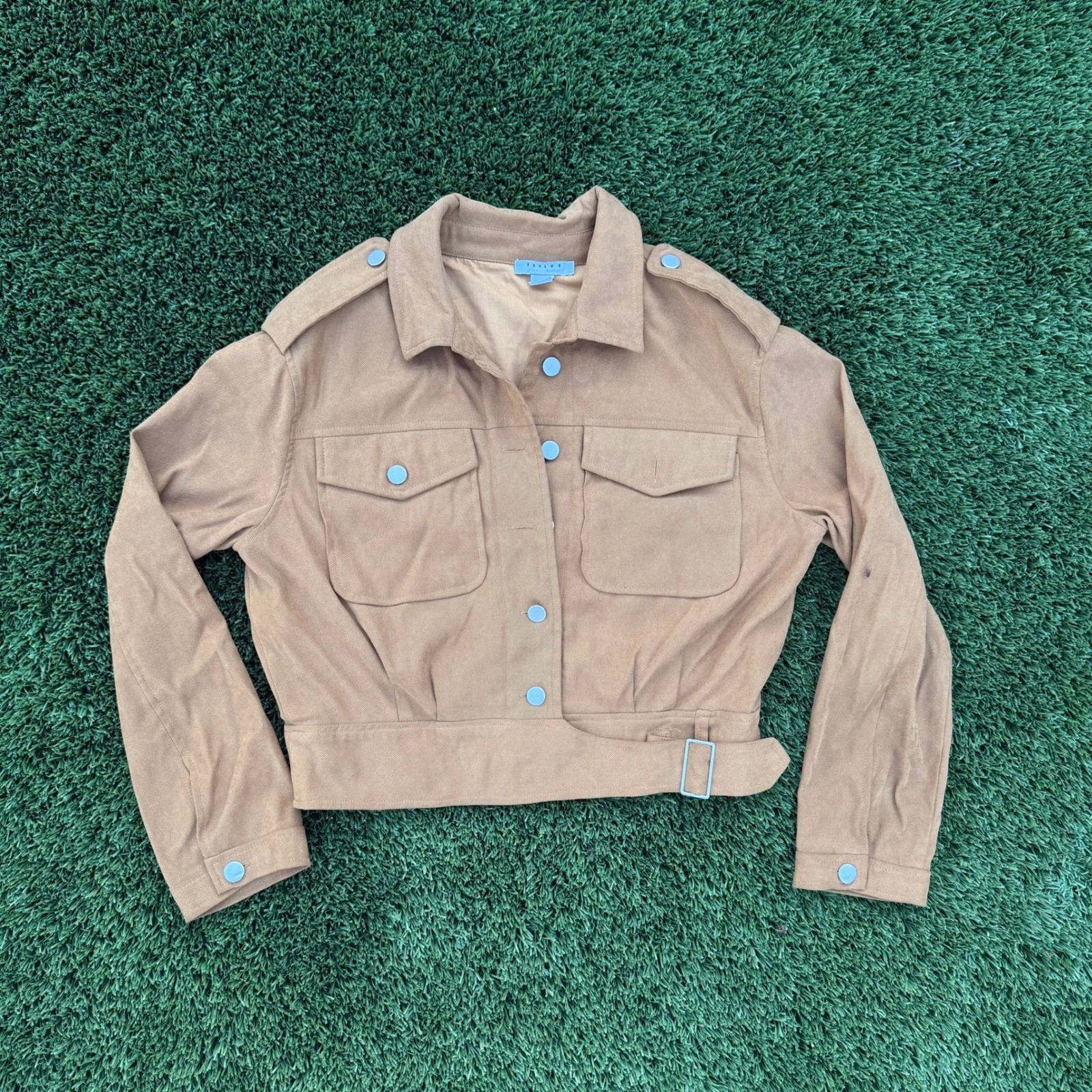 FAVLX Women's Tan Suede Cropped Utility Jacket Belted Buckle Size M