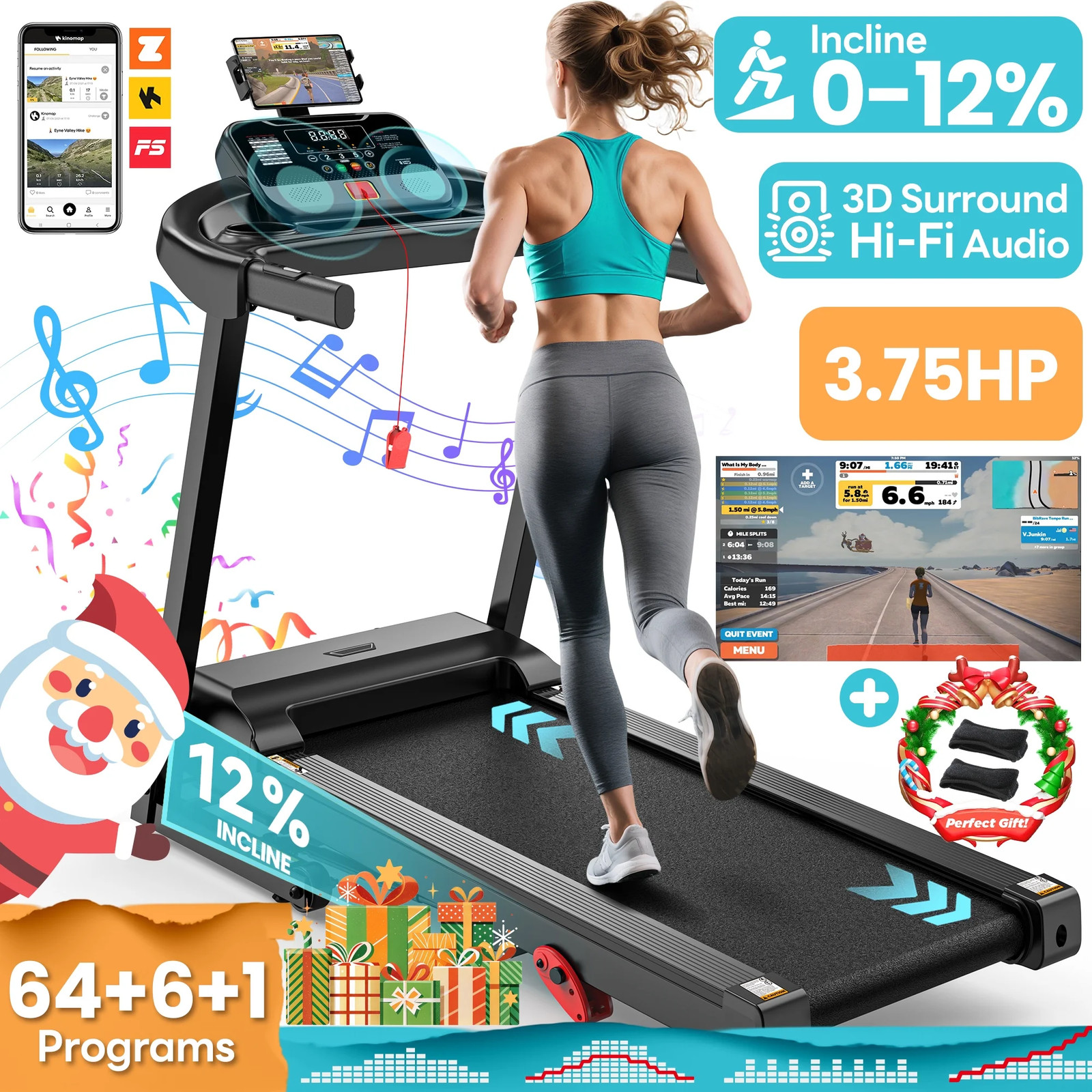 3.75HP Folding Treadmill, 300Lb Capacity, Smart Control & HiFi Speakers