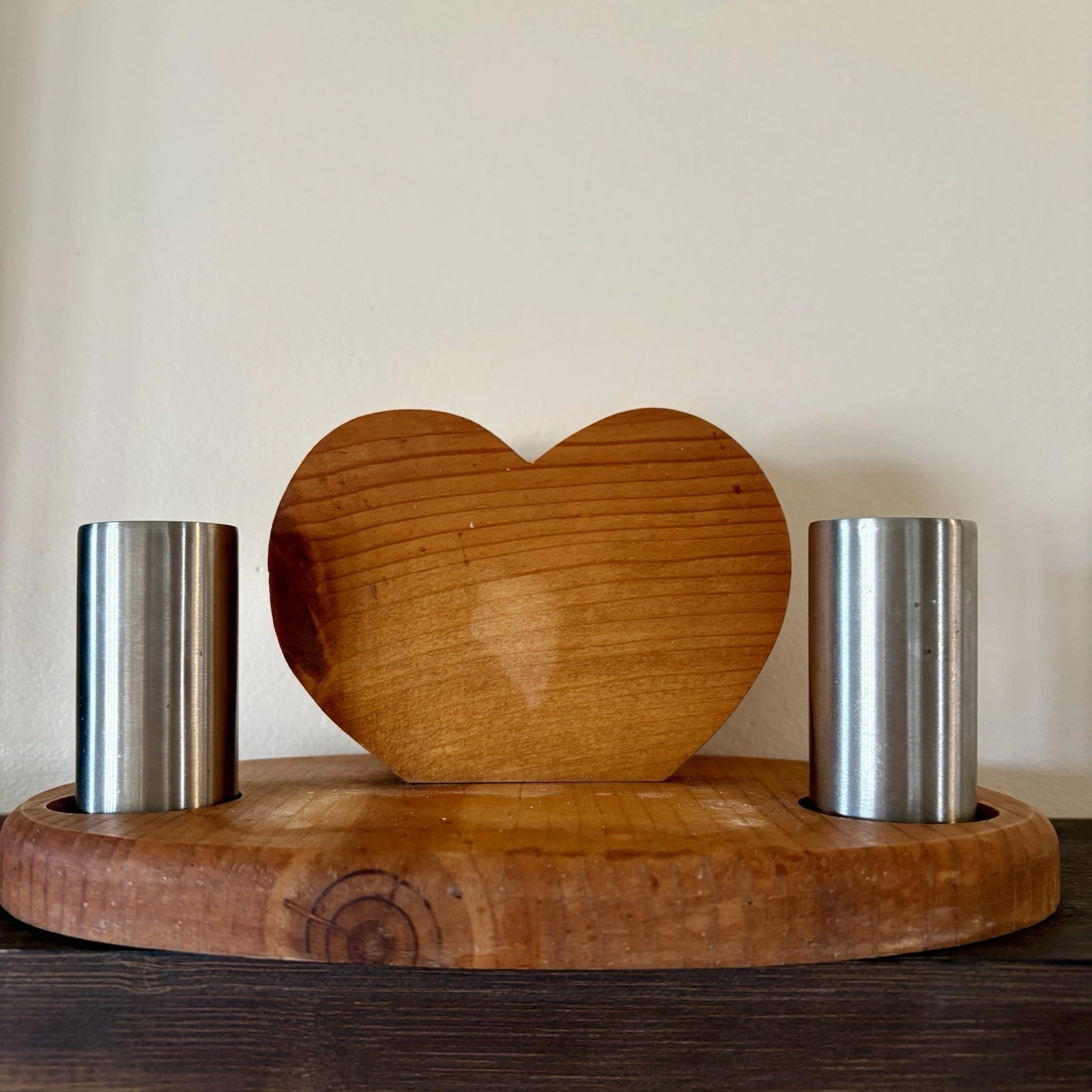 Vintage Wooden Heart Shaped Salt and Pepper Shaker Caddy with Napkin Holder