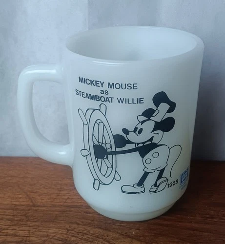 Vintage Disney Mickey Mouse Mug Anchor Hocking Milk Glass Steamboat Willie Pepsi