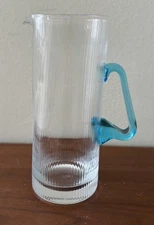 Arte Murano Icet  Ribbed Glass Tall Pitcher With Blue Handle