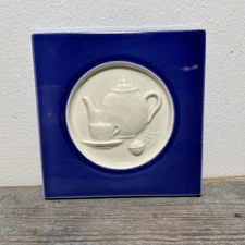 Tea Time Tile-Trivet Base-Raised Relief Teapot Teacup Infuser -Blue & White- 6"
