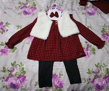 Tahari Baby Girls Red & Black Buffalo Plaid Outfit w/Faux Fur Vest Size 4T NWT