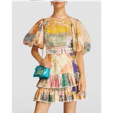 Zimmermann Linen Anneke Patchwork Postcard Mini Dress Sz 4 Small Ruffle