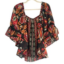 Orchid Moon Floral Black and Orange Women's Ruffle Top XL