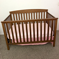 Wood Baby Crib with Slatted Sides, Brown Pink Mattress, Rectangle