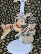 Vintage Hand Painted Wooden Ornaments Snowman And Reindeer Christmas Holiday...