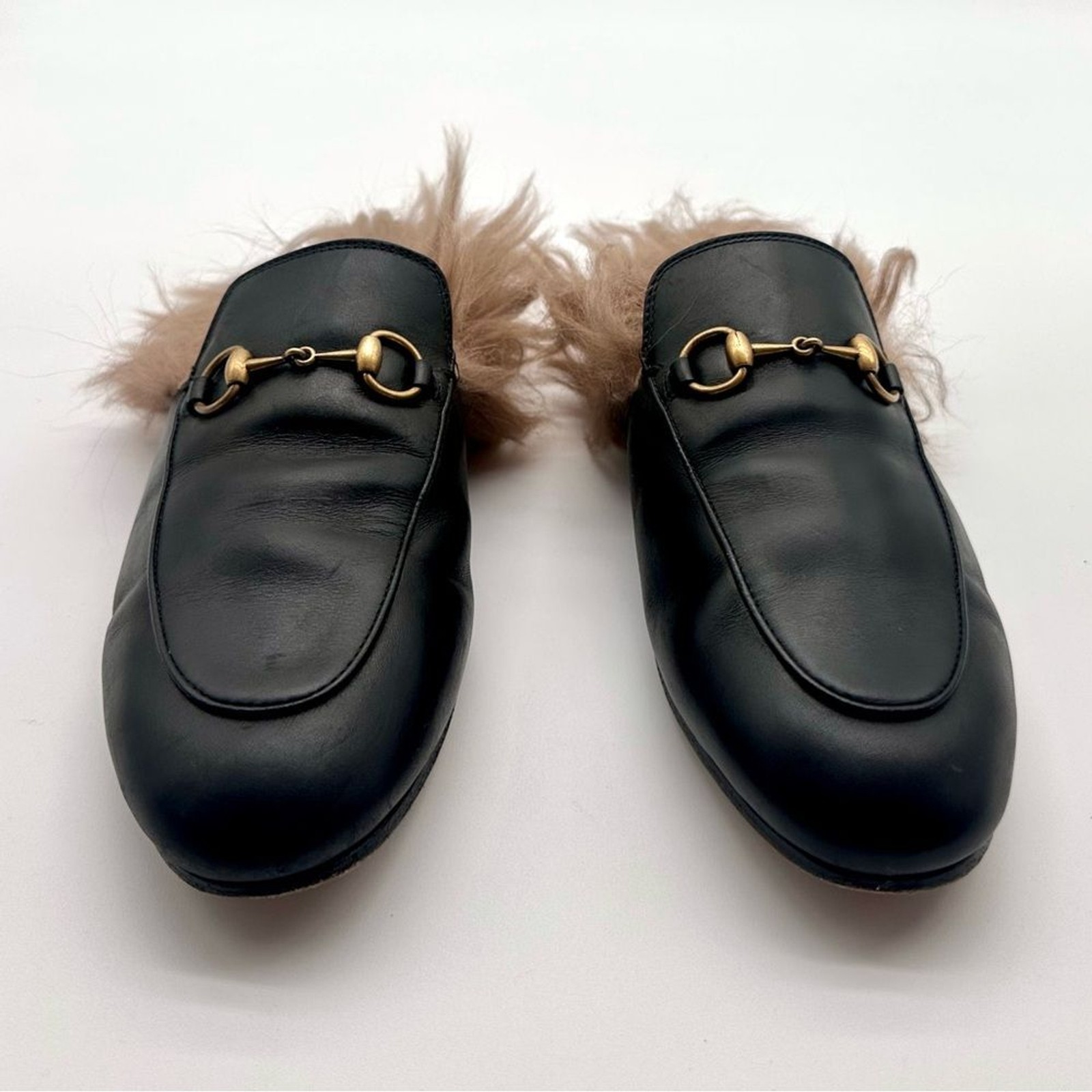 Gucci Princetown Fur Mule Black Horsebit SlipperShearling Loafer Flats EU37 US7 image 2