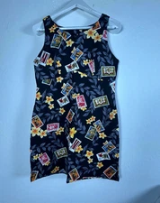 Island Aloha Wear Floral & Postage Stamp Print Sleeveless Dress Large Black