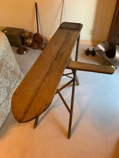 Wooden (Europe) Folding Ironing Board Table Antique + 2 Metal Irons
