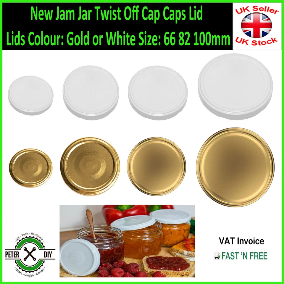New Jam Jar Twist Off Cap Caps Lid Lids Colour: Gold or White Size: 66 82 100mm