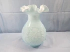 Fenton Powder Blue Overlay Glass Wild Rose & Bowknot Bow Knot Vase 7 1/2" Tall