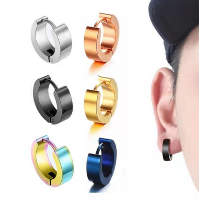 Huggie Hoop Hinged Snap Earrings Stainless Steel Hip Hop Men's