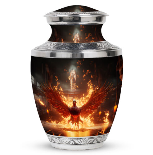 Adult Burial Urns Red Phoenix Spreading Wings Fire In Palace (10 Inch) Large Urn - Afbeelding 1 van 7
