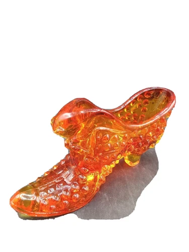FENTON ORANGE HOBNAIL GLASS CAT HEAD SLIPPER