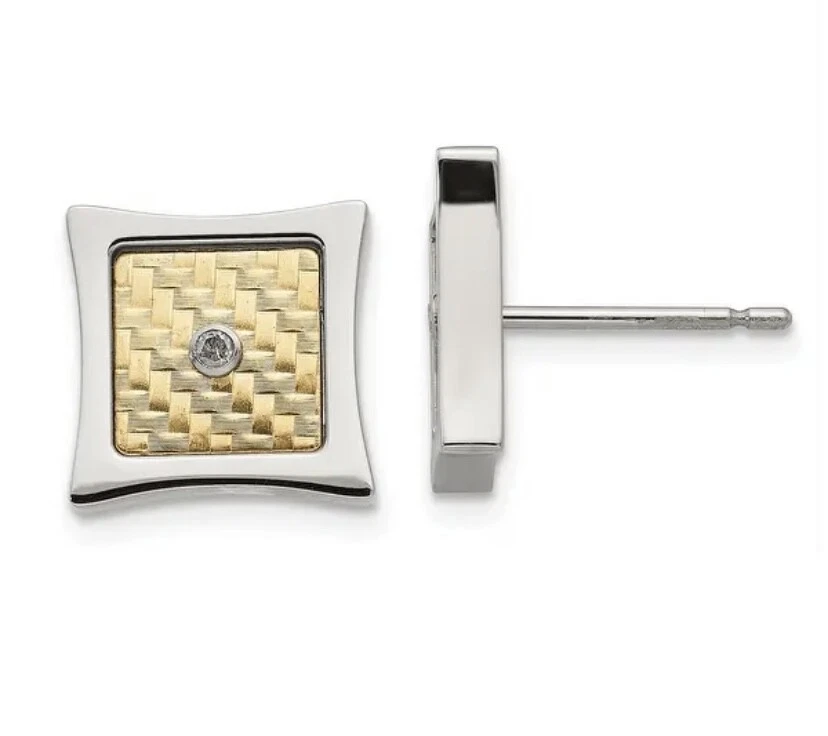 Cincel de acero inoxidable con acento de oro amarillo de 18 quilates poste cuadrado de diamante de 0,03 quilates Foto 2 de 4