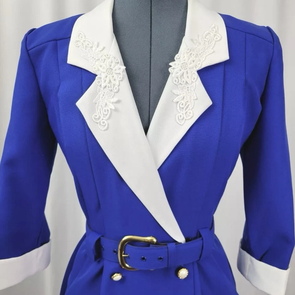 Vestido Blazer Vintage Doble Pecho Talla 8 P Ajuste 6 4 Azul Oficina Powersuit Años 80 Foto 3 de 4