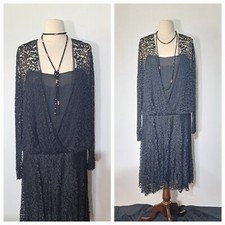 Antique 1920s Dress Black Lace over Silk Dropped Waist Long Sleeve