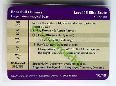  BONECHILL CHIMERA  10 RARE  DDM MONSTER DANGEROUS DELVES 2009  D&D STATS CARD