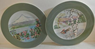 SET 2 HAND PAINTED Plates SLEDING CHILD & MOUNTAIN SCENE Decorative Art HOADLEY