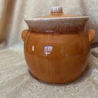 Vintage Hull Pottery Tangerine w/ Ivory Trim Bean Pot w/ Handles Made in USA