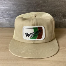 Vintage Roundup Hat Cap Snap Back Beige Mesh Trucker Patch Advertising Mens 80s