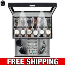 Modern Faux Leather Watch Storage Box - 12 Compartments & Soft LED Light