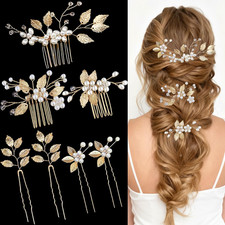 7 Pcs Gold Leaf Bridal Hair Pin Clip Crystal and Pearl Vintage Headpieces