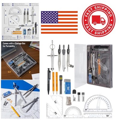 Geometry Set with 15 Pieces Including Protractor Ruler Compasses and Dividers