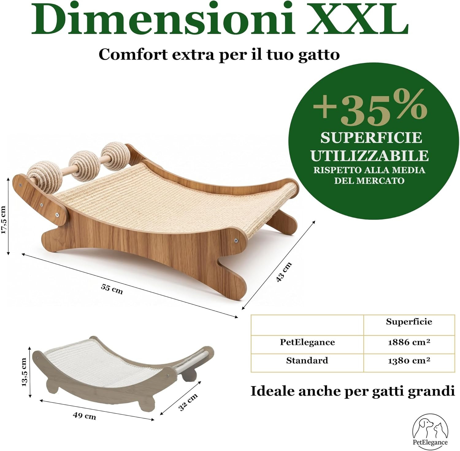 Petelegance -Tiragraffi per Gatti XXL - 3 in 1 Con Palline Gioco - MDF E Sisal N foto 3