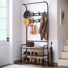 Narrow Hall Tree Storage Bench 4-in-1 Coat Rack with 3-Tiers Shelf and 8 Hooks