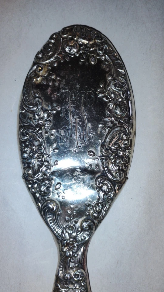 Винтажная щетка и зеркало для туалетного столика из чистого серебра Gorham — дрезденский розовый узор - Изображение 4 из 4