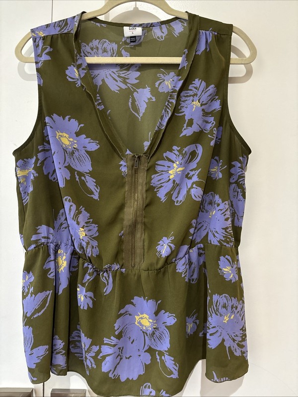Cabi Women's Floral Sleeveless Large Green Purple Tank Top Blouse Shirt