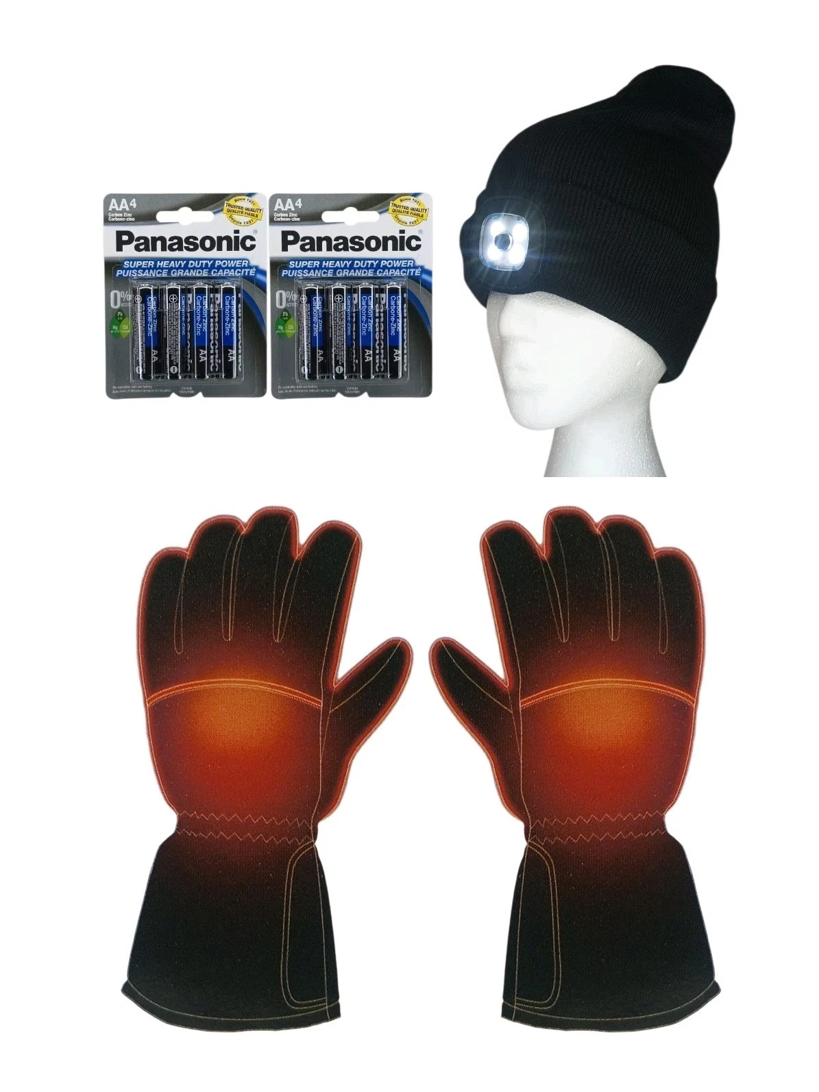 New Heated Gloves for Men Women W/8 AA Batteries And Beenie Cap W/Light Sz Large