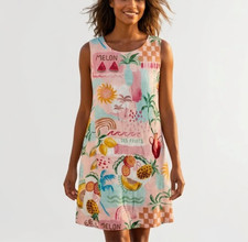 Paper Heart XL Linen Fruit Dress Pink Des Fruits Melon Tropical Farm Rio Vibe