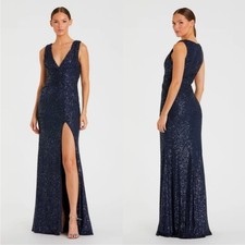 Mac Duggal 26598 Navy Blue V-Neck Sequin Wrap Sleeveless Gown Dress Size 16