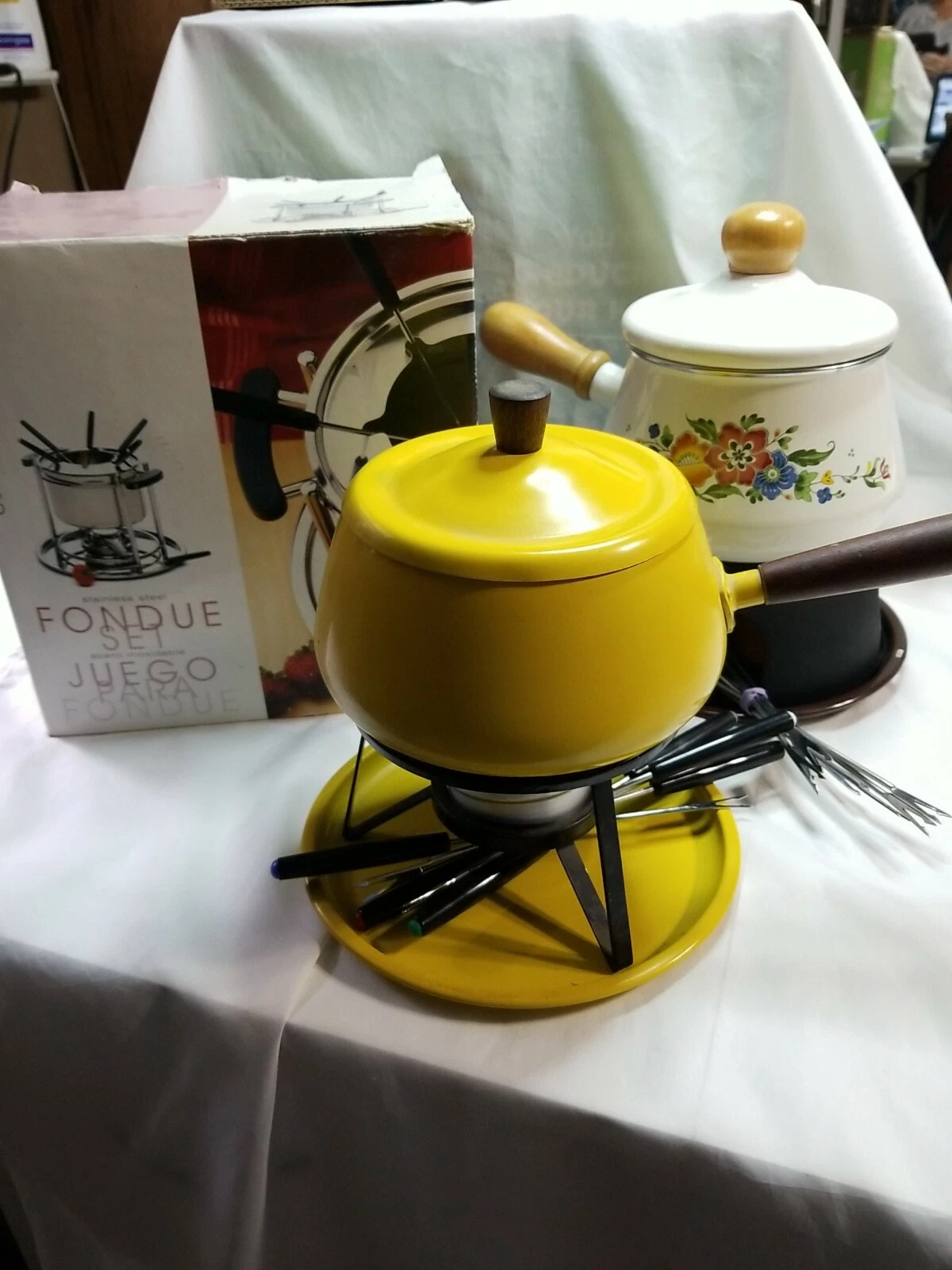 Vntg Fondue Pots Burner Stands Forks Mid Century RETRO Yellow Floral Stainless