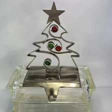Vintage Silver Toned Metal Christmas Tree Stocking Holder Hanger With Gems