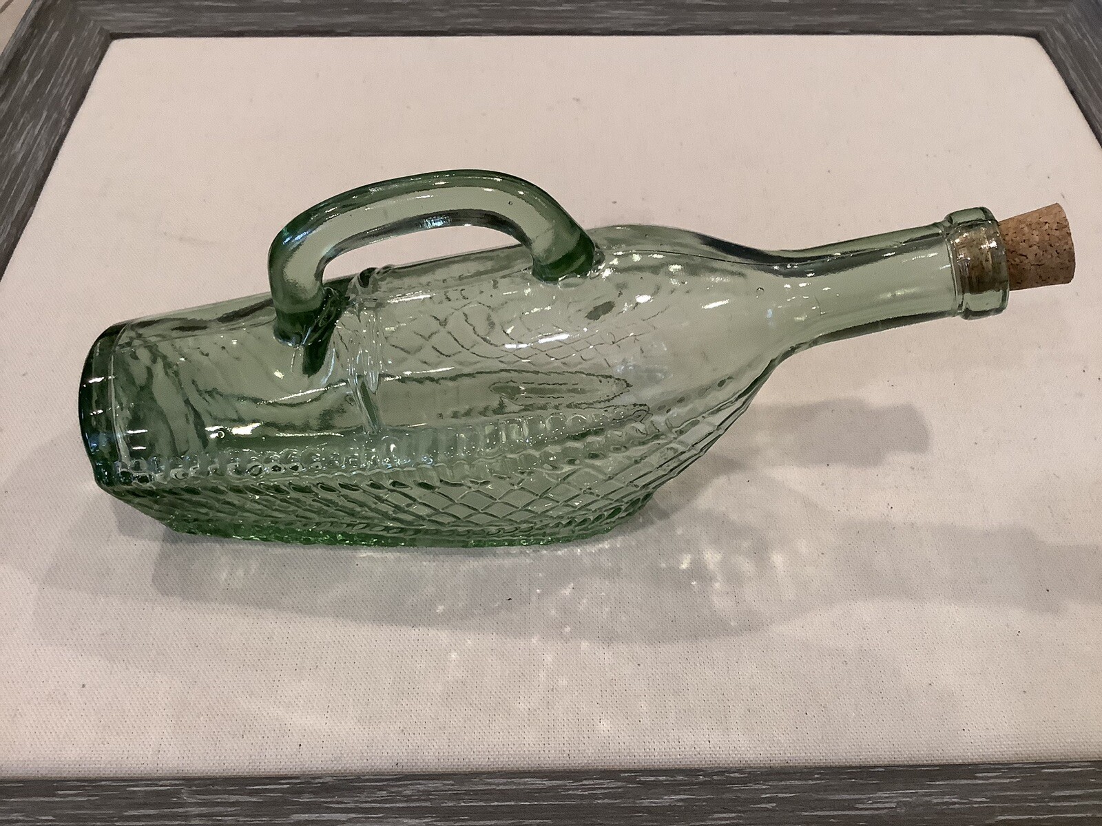 Vintage Wine Bottle Decanter Basket Pattern Greenish Hue Hand Blown