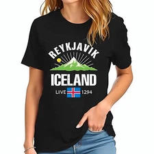 Stylish Reykjavik Iceland   T-Shirt - Black Cotton Tee with Mountain -All-cotton