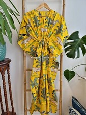 Indian Vintage 100 Hand Printed Cotton Kaftan Beach Wear Night Maxi Women Gown