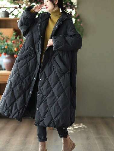 Hooded Down Jacket Women Retro Korean Warm Loose Coats Casual Warm Overcoats - Picture 4 of 26