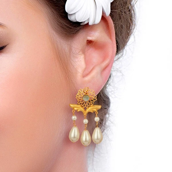 Традиционные латунные серьги с драгоценными камнями позолоченные перламутровые висячие серьги - Изображение 3 из 3